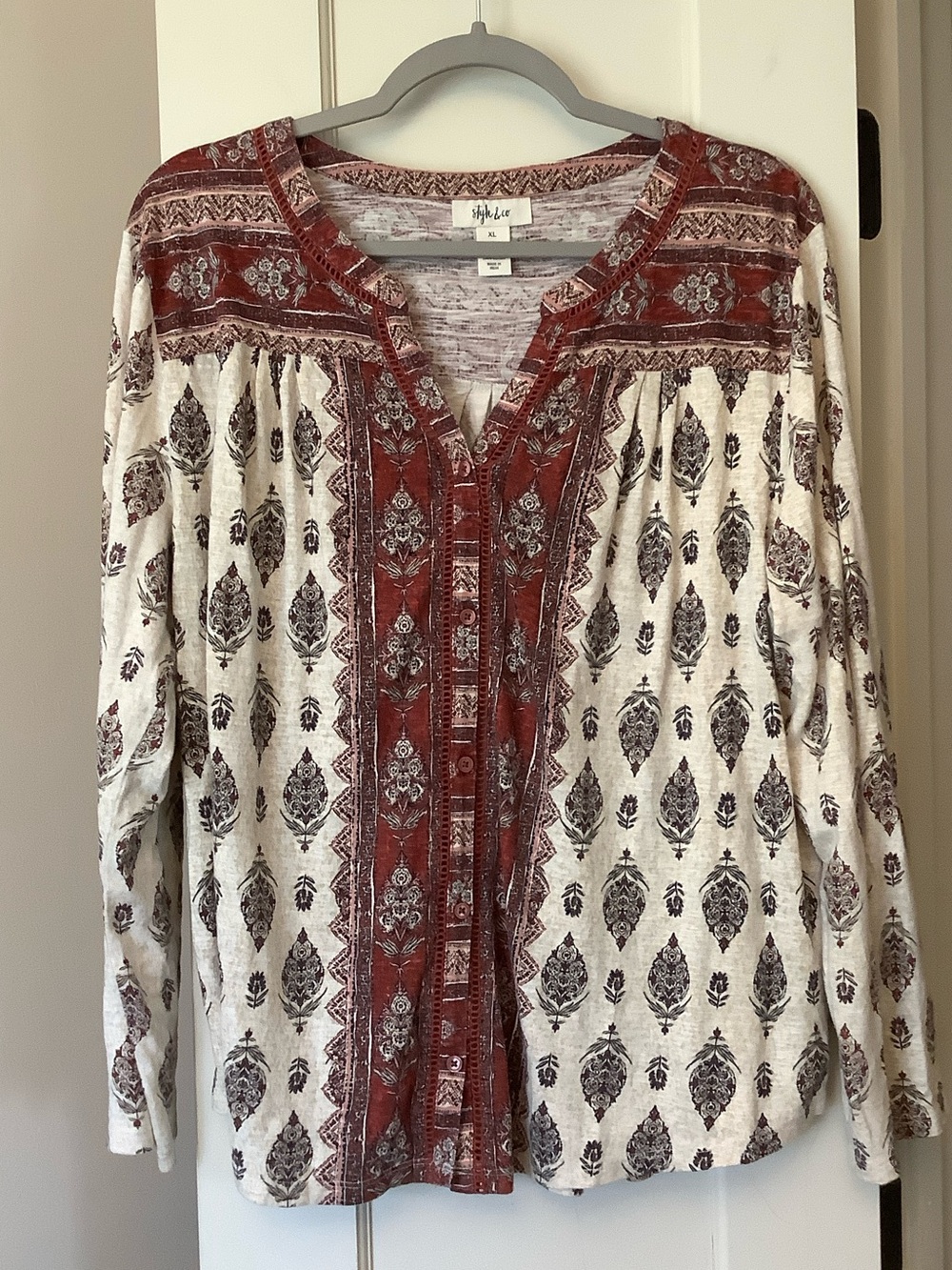 Style & Co. Ivory and Rust Printed Long-Sleeve Button Front Top